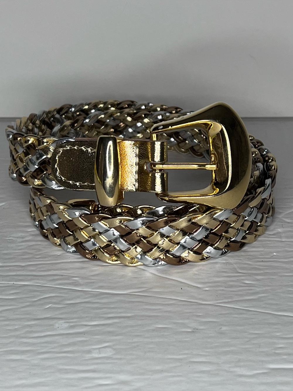 Vintage Day Lor Braided Gold Silver Bronze Faux Leather Belt Up To 37” Glam EUC